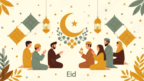 Muslim family celebrating Eid al-Fitr with prayers and traditional greetings.