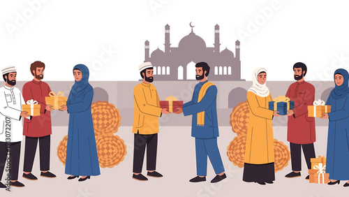 Muslim people exchanging gifts during Eid celebration.