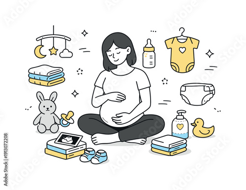 Preparing for childbirth. A calm scene with baby essentials neatly arranged around an expectant parent. The mood is organized, gentle, and