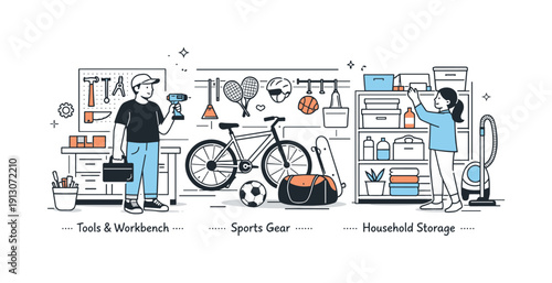 Functional garage redesign. Garage transformed into a clean storage area with zones for tools, sports gear, and household items. Calm