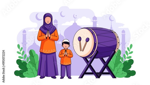 Muslim mother and child celebrating Eid al-Fitr with traditional drum.