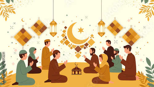 Muslim people praying together during Ramadan celebration.