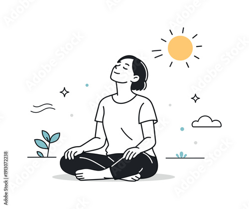 Faces tilted to sun. A seated person with relaxed shoulders, face turned toward the sun, hands resting loosely. The scene suggests grounding,