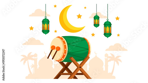 Ramadan Kareem celebration with traditional drum and crescent moon.
