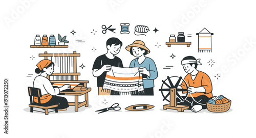 Traditional silk weaving in small workshops. Small team of artisans collaborating in a cozy studio, sharing tools and reviewing woven fabric