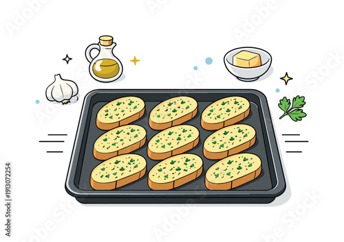 Garlic bread preparation. A baking tray with sliced bread topped with garlic butter and herbs, ready to go into the oven. The mood highlights