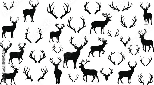 Deer and antler silhouette pattern set with stag, buck and horn icons isolated on white background for hunting logo, wildlife emblem design