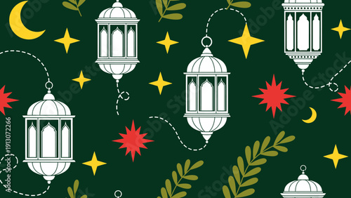 Ramadan Lanterns with Crescent Moons and Stars on Dark Green Background.