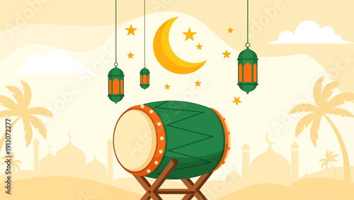 Traditional Bedug Drum with Crescent Moon and Lanterns for Islamic Celebration.