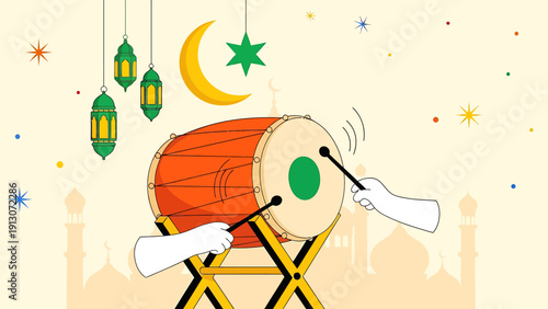 Traditional Bedug Drum with Crescent Moon and Lanterns for Islamic Celebrations.