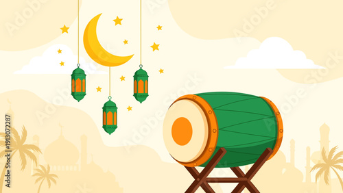Traditional Bedug Drum with Crescent Moon and Lanterns.