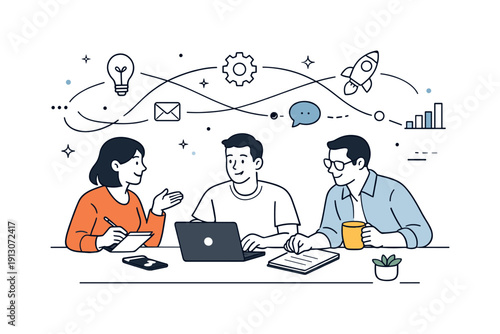 Innovation hubs and entrepreneurial ecosystems. Startup founders collaborating in a modern coworking space, exchanging ideas around laptops