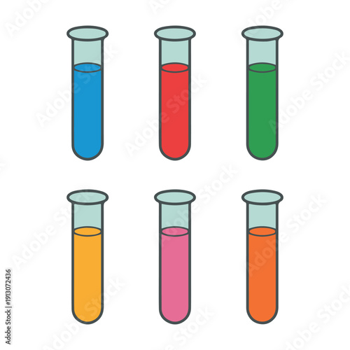 Six colorful test tubes with vibrant liquids in scientific experiment