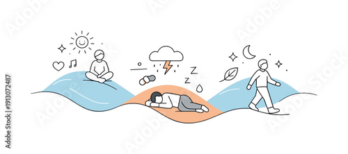Living with chronic illness. An abstract editorial visualization showing fluctuating energy levels represented by soft waves and symbols.