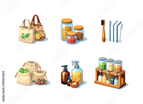Zero waste lifestyle. Isometric flat vector icons set of zero waste lifestyle: reusable shopping bags, glass storage jars, bamboo toothbrush,