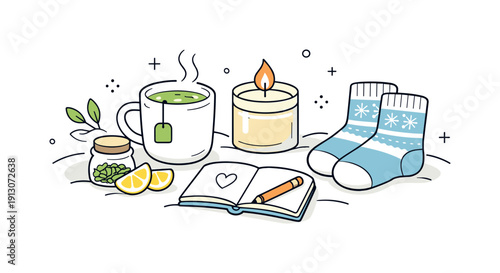 Cozy Winter Wellness. Wellness winter objects. A cozy set of seasonal wellness items like herbal tea, wool socks, and a candle arranged neatly on a soft