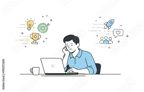 Work disengagement concept. Employee sitting quietly at a laptop while motivation icons fade or drift away. Clean editorial metaphor for