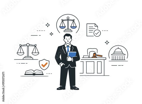 Courtroom and civic justice. A lawyer stands confidently with case notes while justice symbols appear in a simplified courtroom setting.