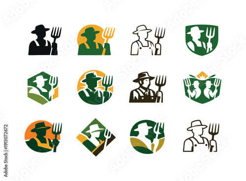 Farmers. Icon set. Set Logo of Farmers: pitchfork emblem. harmonious logo variations of the same emblematic concept, each with different
