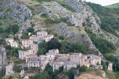Ancient Italian village of Corvara nestled in Abruzzo mountainside