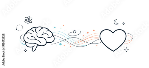 Connections_ Mind, Heart, Energy. Spirituality and quantum physics. Abstract brain and heart connected by flowing particles and lines, representing