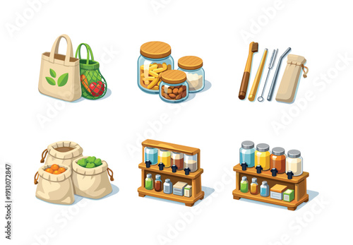 Zero waste lifestyle. Isometric flat vector icons set of zero waste lifestyle: reusable shopping bags, glass storage jars, bamboo toothbrush,