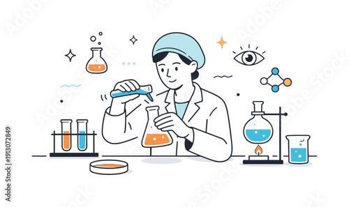 Scientific experimentation. A researcher carefully mixing liquids in glassware, gentle motion lines and symbols indicating reaction and