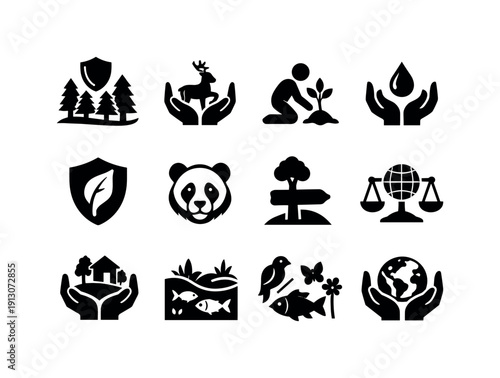    Nature Conservation. Solid icon set of Nature Conservation: protected forest, wildlife care, tree planting, water protection, leaf shield,