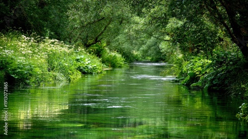 Lush green foliage overhangs a gently flowing stream in a natural setting.