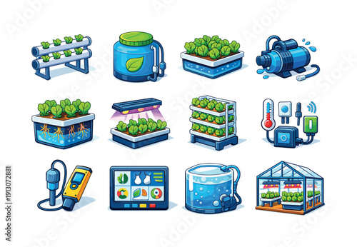 Hydroponic greenhouse. Colorful isometric vector icons set of Hydroponic greenhouse: hydroponic pipes, nutrient solution tank, leafy greens