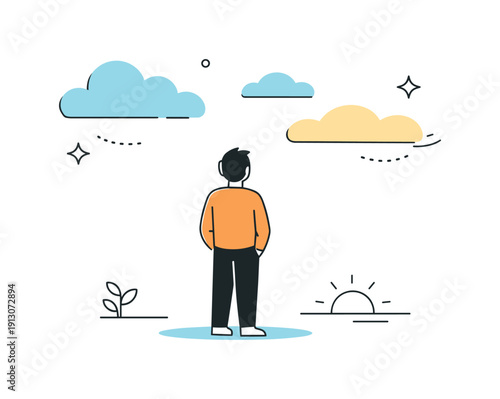 Taking a moment to appreciate nature. Person standing still and watching clouds drift across the sky, calm and reflective mood. Sense of