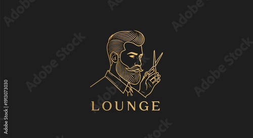 Elegant Gold Line Art Barbershop Lounge Logo with Stylized Man.
