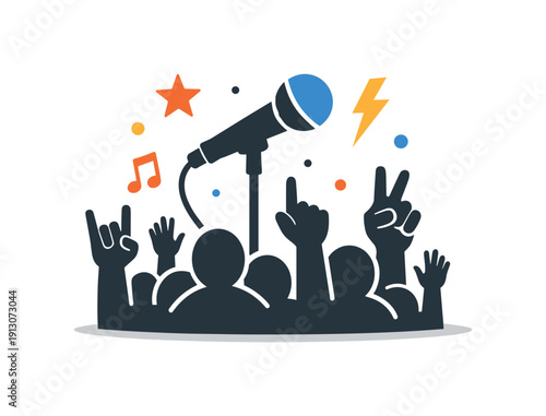 Music culture and youth movements shown through a small live performance scene with a microphone, crowd silhouettes and raised hands. The