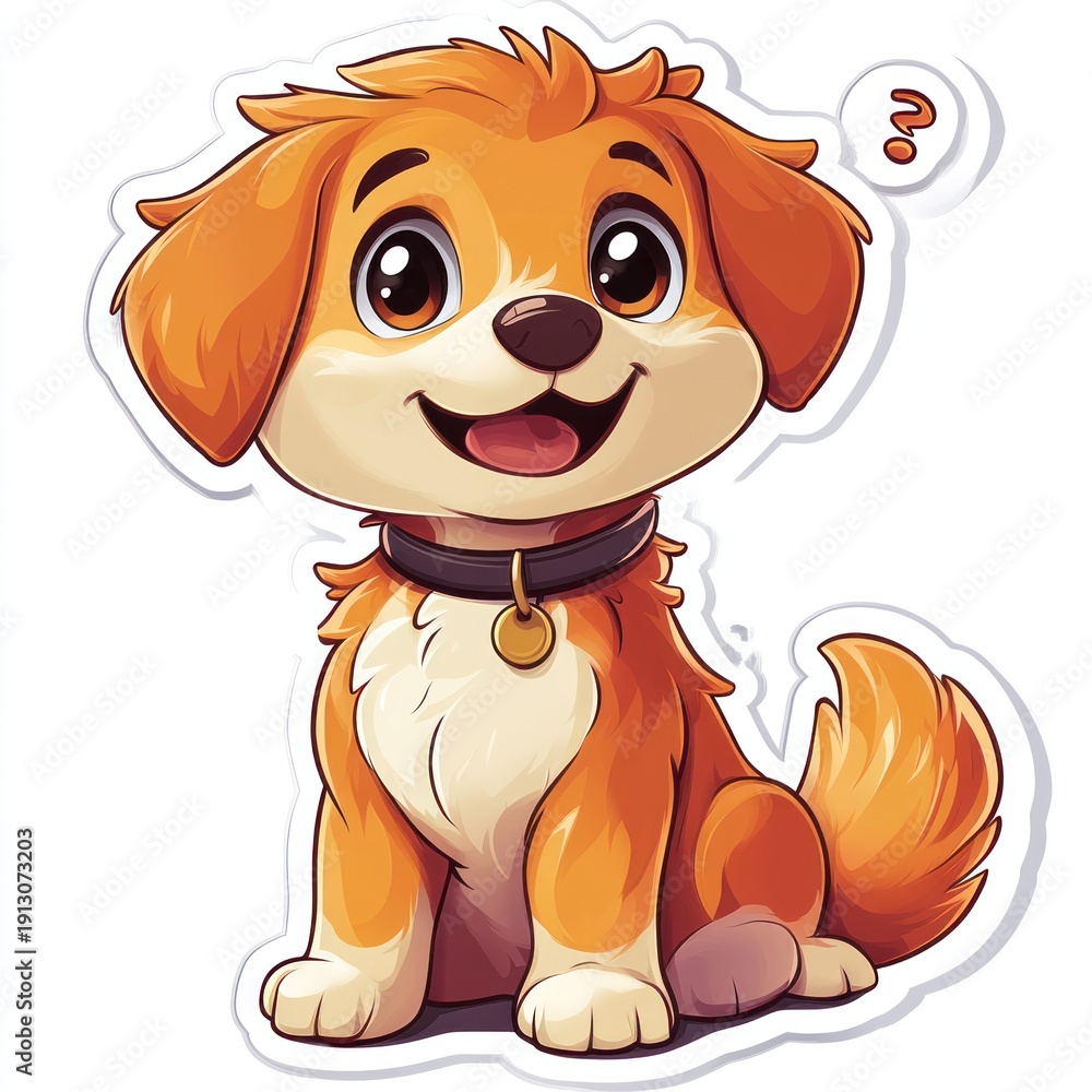 Naklejka premium A happy puppy sits with a joyful look, ready to play in a vibrant cartoon style