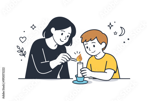 Passing traditions through  s. An adult helping a child light a candle during a family holiday, showing connection and shared