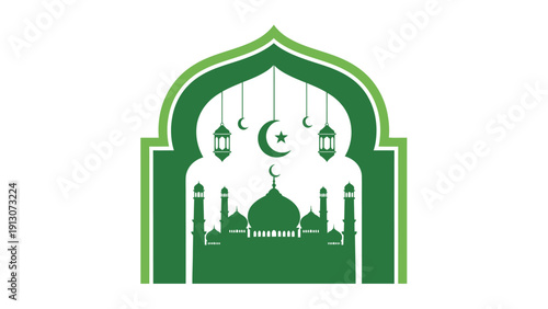 Green Islamic Mosque Silhouette with Crescent Moon and Lanterns.