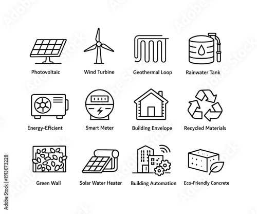 Green building technologies. Line icon set of Green building technologies: photovoltaic panel, wind turbine, geothermal loop, rainwater tank,