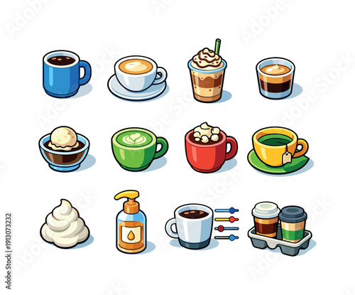 Cafe drink options. Colorful isometric vector icons set of cafe drink options: americano mug, flat white cup, frappuccino glass, cortado cup,