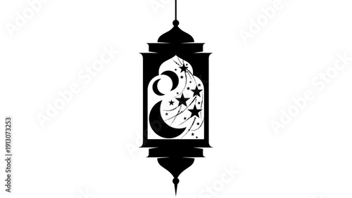 Islamic Ramadan Lantern with Crescent Moon and Stars Silhouette.