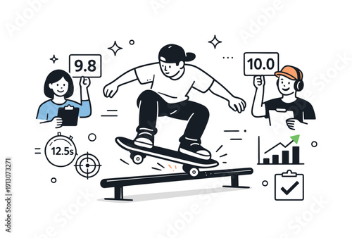Precision Skater Landing. Record-breaking moment. Skater landing a precise trick while judges or metrics icons appear nearby. Balanced composition highlighting