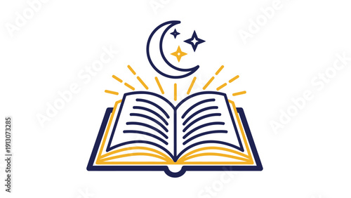 Open Book With Crescent Moon and Stars Above.