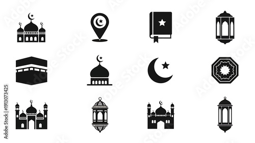 Islamic Icons Collection Mosques Kaaba Crescent Moon Lanterns and Holy Book.