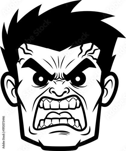 Black and white cartoon man face with angry scream expression, comic book style, for Halloween, horror concept. Vector icon, illustration