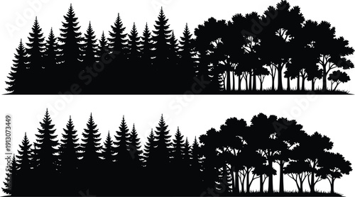 Forest tree silhouette panorama with pine and broadleaf woodland isolated on white background, natural landscape border illustration for banner, decoration, logo, and design projects