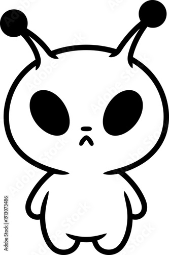 Cute little unhappy alien character with antenna. Childish simple adorable creature with grumpy expression for kids design. Vector illustration