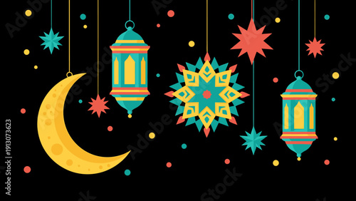 Ramadan Islamic Crescent Moon Lanterns Stars Festive Decorations.