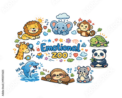   Emotional zoo. Hand drawn illustration of Emotional zoo. happy lion, sad elephant, angry