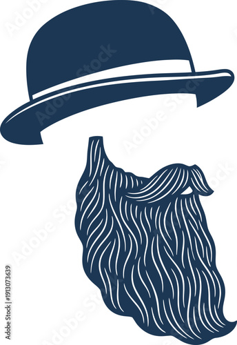 Man with dark bowler hat and long beard or mustache, old fashioned retro vintage style. Hipster fashion concept vector illustration