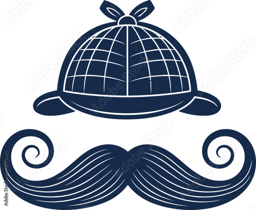 Sherlock holmes hat and mustache for detective mystery and investigation concept. Minimalist style vector icon for logo, avatar