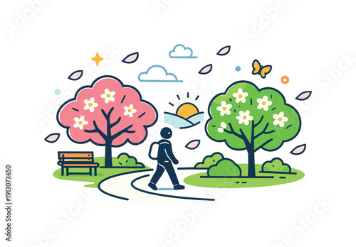 Springtime outdoor walk quiet park scenery with trees in bloom and light decorative petals in the air, symbolizing renewal, calm and everyday